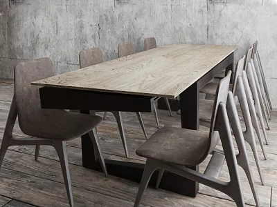 Modern Wooden Dining Table Set With Upholstered Chairs And Concrete Wall On Wooden Floor 3d model