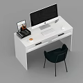 White Modern Desk With Computer Monitor Laptop Keyboard Mouse Coffee Cup And Dark Green Chair