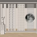Modern Room Divider With Various Patterns Glass Panels And Artistic Statue 3d model