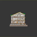 Cartoon House Scene With Green Roof Solar Panels Stone Wooden Structure And Multi Level Balconies