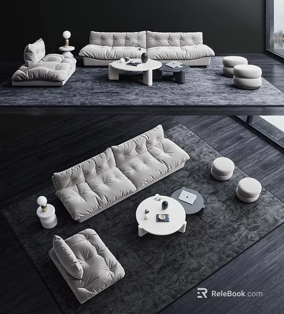 Modern Elegant Living Room Interior With Tufted Sofa Coffee Table Set And Round Stools 3d model