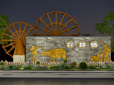 Traditional Scenic Stone Wall With Golden Farming Patterns Farmer Ox Wooden Waterwheels And Green Plants 3d model