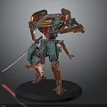 Detailed Red Green Mechanical Robot Figure With Samurai Sword Black Base And Glowing Red Accents