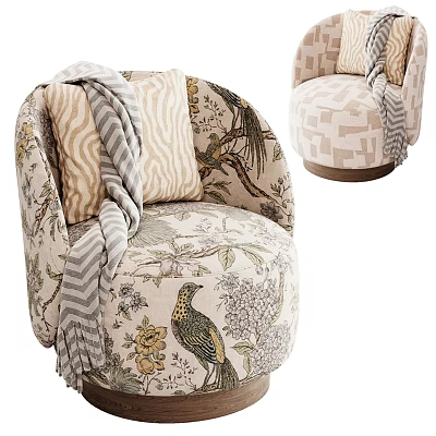 Elegant Floral Bird Pattern Accent Chair With Decorative Pillow And Throw Blanket 3d model