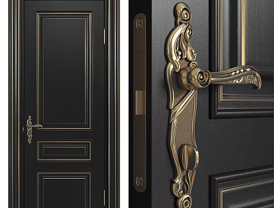 Black Swing Door With Ornate Golden Decorations And Intricate Door Handle 3d model