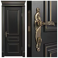 Black Swing Door With Ornate Golden Decorations And Intricate Door Handle