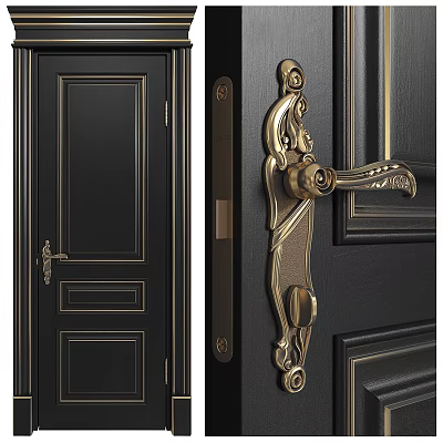 Black Swing Door With Ornate Golden Decorations And Intricate Door Handle 3d model
