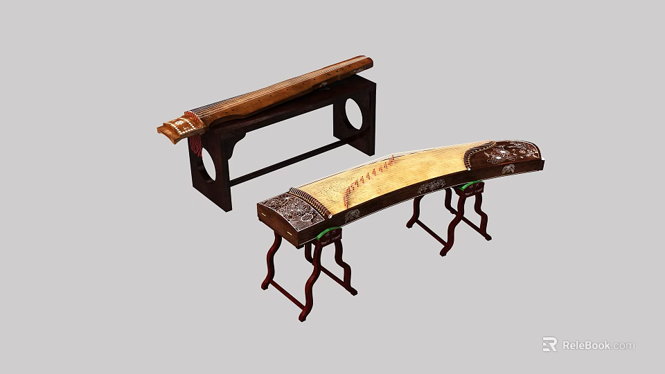 Traditional Wooden Musical Instruments With Carved Design And Stands For Artistic 3d model 