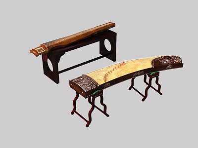 Traditional Wooden Musical Instruments With Carved Design And Stands For Artistic 3d model