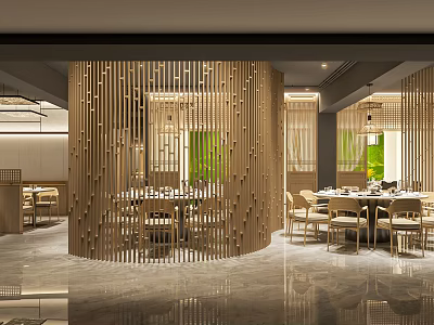 Elegant Modern Restaurant Interior with Wooden Slatted Partitions Dining Tables and Marble Flooring 3d model