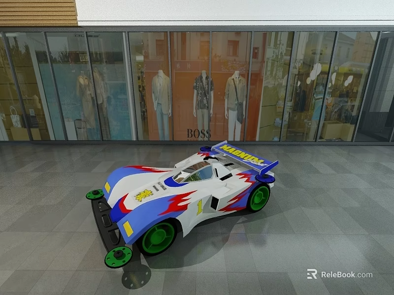 Electric Toy Racing Car With Blue White Red Body And Green Wheels Design 3d model 