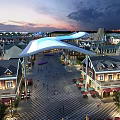 Modern Commercial Street With Pedestrian Plaza Green Lawn And Illuminated Shop Buildings