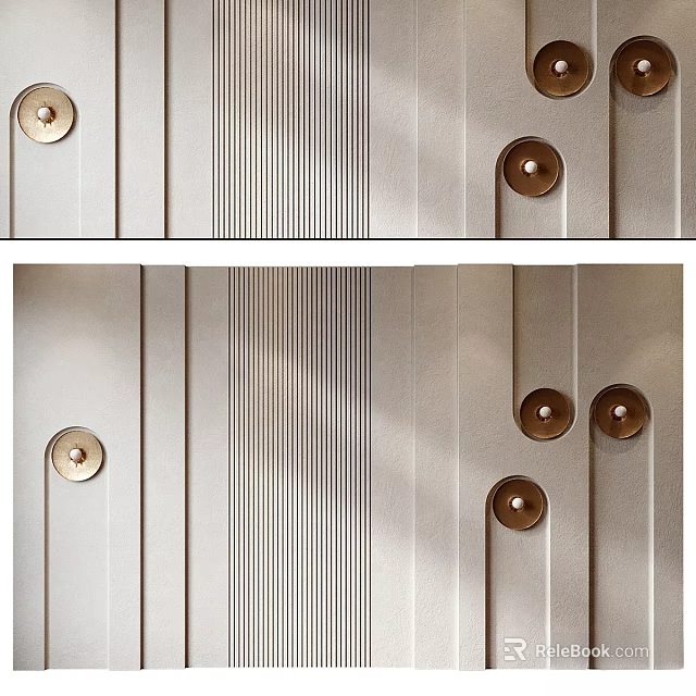 Modern Metallic Wall Decor With Vertical Stripes And Brass Circular Accents 3d model 