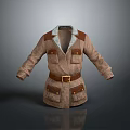 Classic Brown Utility Jacket With Fur Collar Multiple Pockets And Leather Belt 3d model