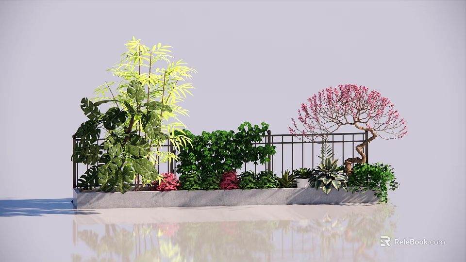 Tree With Pink Flowers In Balcony Garden With Green Plants And Railing 3d model 