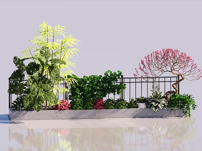 Tree With Pink Flowers In Balcony Garden With Green Plants And Railing 3d model