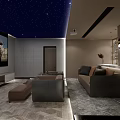 Home Theater Interior With Starry Ceiling Large Screen Sofa Marble Bar And Orange Chairs