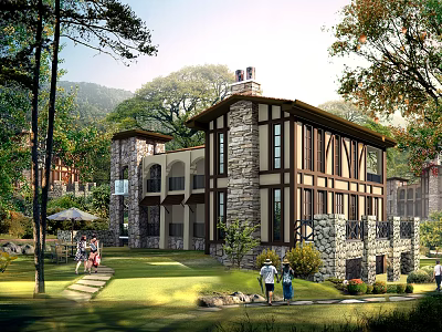 Detached Villa With Stone And Wood Structure Lush Green Lawn And Mountain View 3d model