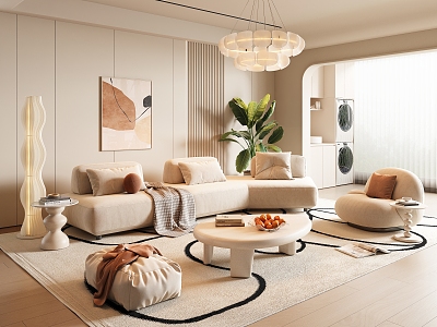 Modern Cream Style Living Room Cream Style Sofa Coffee Table Combination Fabric Multi-person Sofa Corner Sofa Lazy Sofa Cream Style Floor Lamp Cream Style Chandelier Hanging Picture 3d model