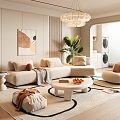 Modern Cream Style Living Room Cream Style Sofa Coffee Table Combination Fabric Multi-person Sofa Corner Sofa Lazy Sofa Cream Style Floor Lamp Cream Style Chandelier Hanging Picture 3d model