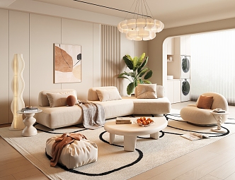 Modern Cream Style Living Room Cream Style Sofa Coffee Table Combination Fabric Multi-person Sofa Corner Sofa Lazy Sofa Cream Style Floor Lamp Cream Style Chandelier Hanging Picture 3d model