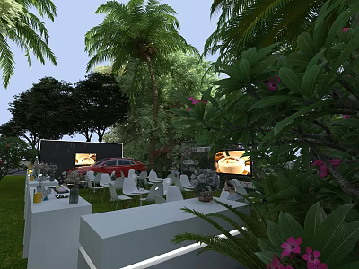 Garden Landscape With Palm Trees Green Plants Outdoor White Tables Chairs And Red Car 3d model
