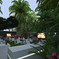 Garden Landscape With Palm Trees Green Plants Outdoor White Tables Chairs And Red Car