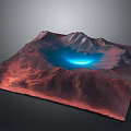 Square Mountain Terrain Model With Red Brown Landscape And Blue Glowing Center