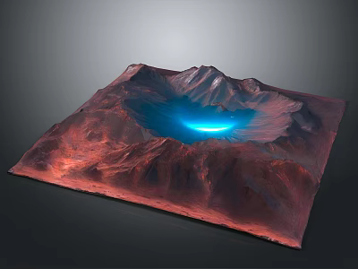 Square Mountain Terrain Model With Red Brown Landscape And Blue Glowing Center 3d model