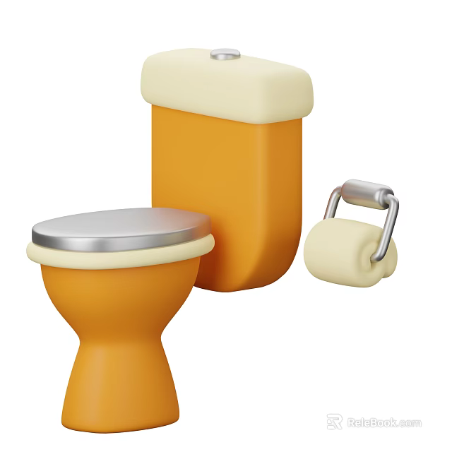 Orange Toilet with Silver Lid Water Tank and Metal Toilet Paper Holder with Cream Paper 3d model 