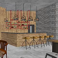 Modern Cafe With Large Windows Green View Long Wooden Table Metal Stools Hanging Lights