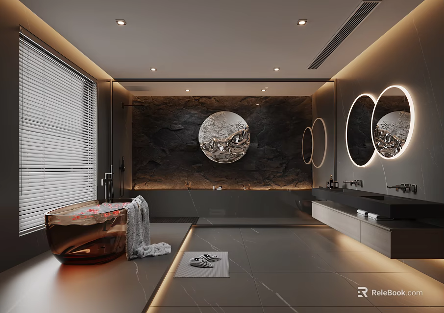 Modern Luxury Bathroom Interior with Dark Marble Walls Round Mirrors Bathtub Blinds and Recessed Lighting 3d model 