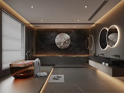 Modern Luxury Bathroom Interior with Dark Marble Walls Round Mirrors Bathtub Blinds and Recessed Lighting 3d model