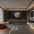 Modern Luxury Bathroom Interior with Dark Marble Walls Round Mirrors Bathtub Blinds and Recessed Lighting