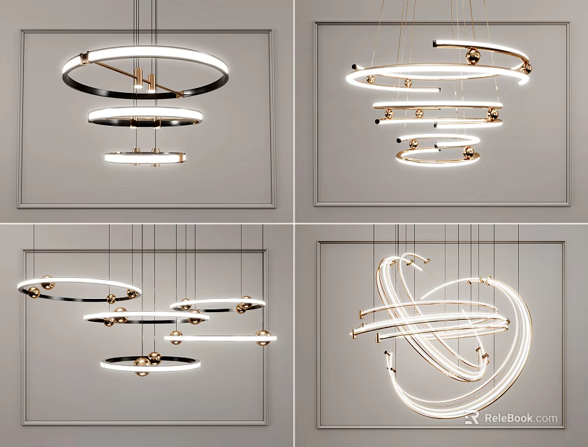 Modern Chandelier Designs With Circular Layers Spiral Shapes Gold Frames And White Light 3d model 