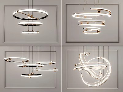 Modern Chandelier Designs With Circular Layers Spiral Shapes Gold Frames And White Light 3d model