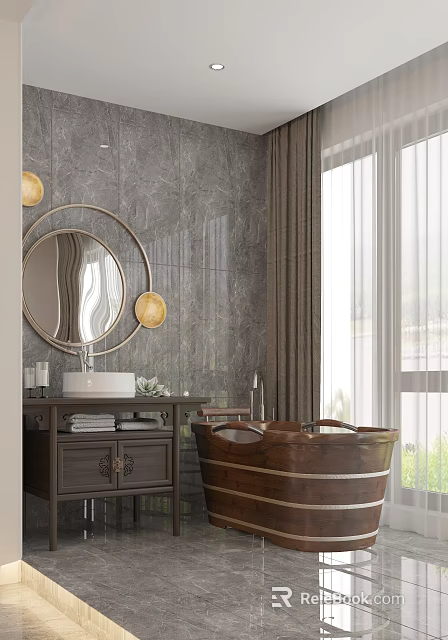 Home Balcony Design Featuring Gray Marble Wall Round Mirror Brass Light Wooden Bathtub and Curtains 3d model 