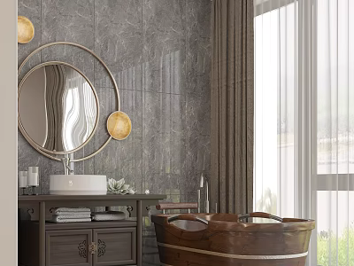 Home Balcony Design Featuring Gray Marble Wall Round Mirror Brass Light Wooden Bathtub and Curtains 3d model