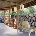 Ancient Building With Wooden Columns Tile Roof And Stone Path In Courtyard