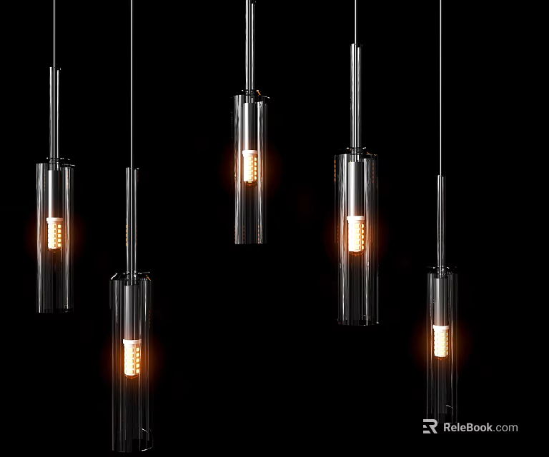 Modern Glass Pendant Lights with Multiple Lit Bulbs in Contemporary Interior Design 3d model 