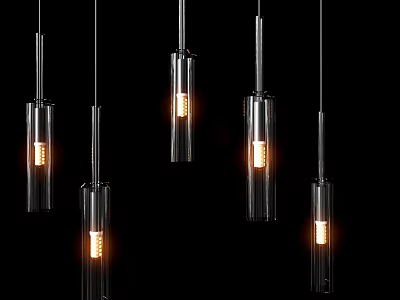 Modern Glass Pendant Lights with Multiple Lit Bulbs in Contemporary Interior Design 3d model