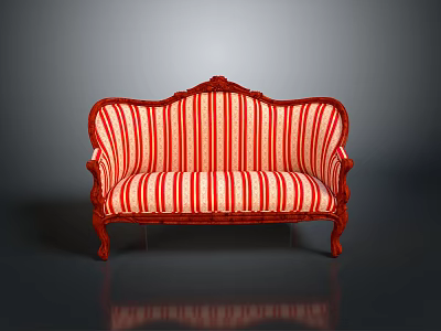 Classic Red Striped Sofa With Carved Wooden Frame And Traditional Design 3d model