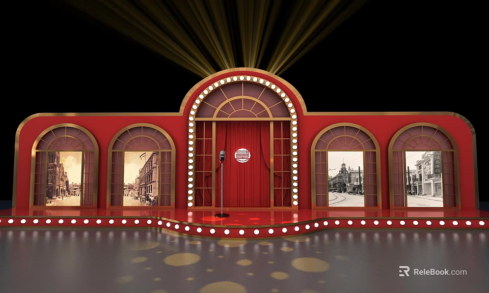 Red Stage Setup Featuring Arched Door Microphone Lights Bulb Decorations And Old Photo Windows 3d model 