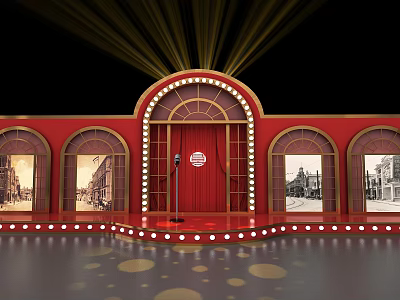 Red Stage Setup Featuring Arched Door Microphone Lights Bulb Decorations And Old Photo Windows 3d model
