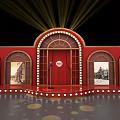Red Stage Setup Featuring Arched Door Microphone Lights Bulb Decorations And Old Photo Windows