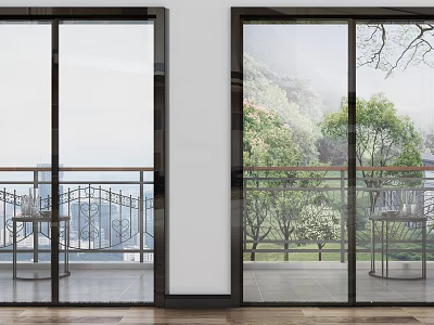 Modern Glass Sliding Doors Connecting Indoor Area With Balcony And Garden View 3d model