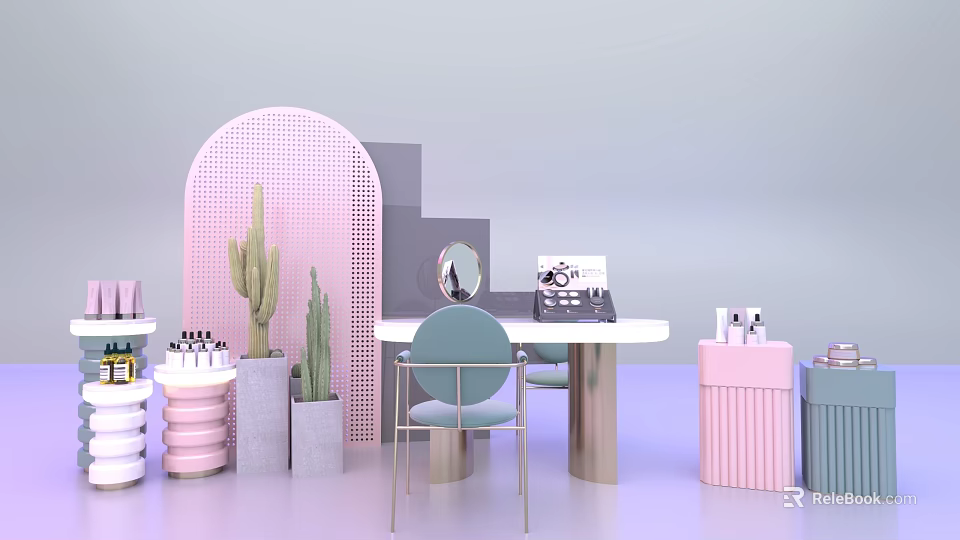 Elegant Beauty Display Setup With Pink Arched Grid Gray Steps Mirror Chair And Cosmetics 3d model 