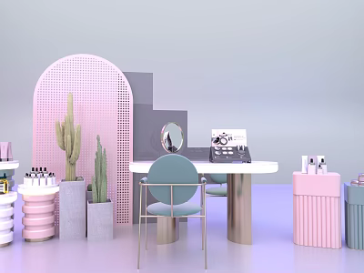 Elegant Beauty Display Setup With Pink Arched Grid Gray Steps Mirror Chair And Cosmetics 3d model