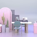 Elegant Beauty Display Setup With Pink Arched Grid Gray Steps Mirror Chair And Cosmetics
