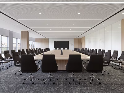 Modern Conference Room Design With Long Table Black Chairs Large Screen And Windows 3d model